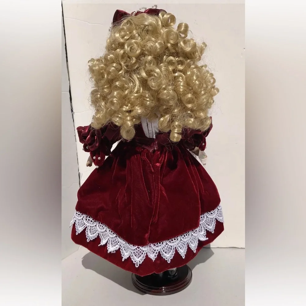 Porcelain Dolls Collectible by Melissa Jane Wooden Stand in Red Dress Blue Eyes - Picture 8 of 9